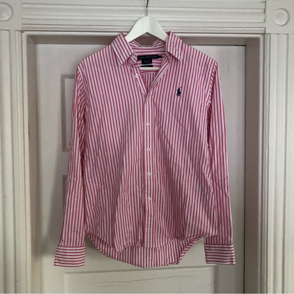 Ralph Lauren Sport | Pink and White Pin Striped Long Sleeve Button Down Shirt